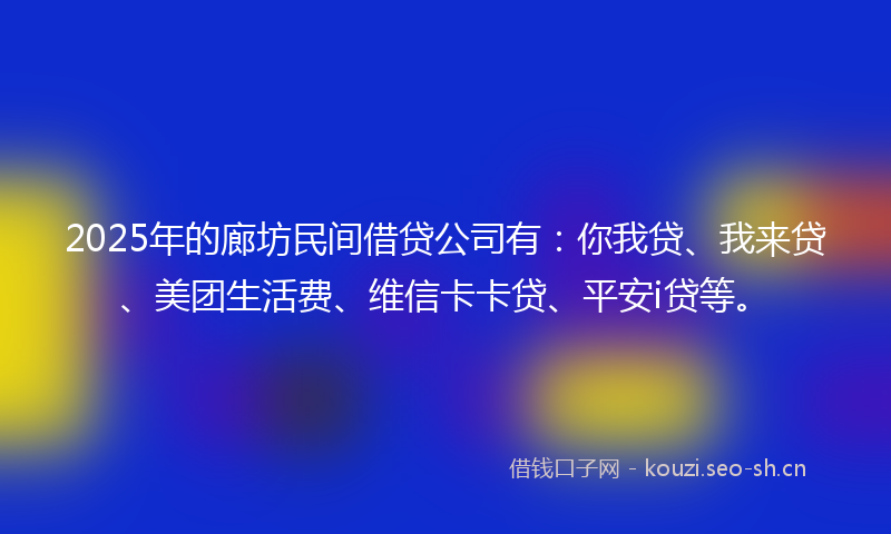 2025年的廊坊民间借贷公司有：你我贷、我来贷、美团生活费、维信卡卡贷、平安i贷等。