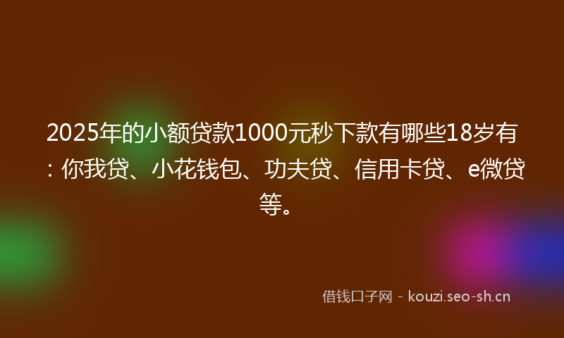 2025年的小额贷款1000元秒下款有哪些18岁有：你我贷、小花钱包、功夫贷、信用卡贷、e微贷等。