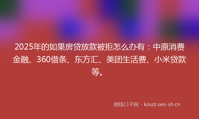 2025年的如果房贷放款被拒怎么办有：中原消费金融、360借条、东方汇、美团生活费、小米贷款等。