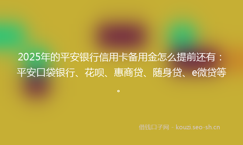 2025年的平安银行信用卡备用金怎么提前还有：平安口袋银行、花呗、惠商贷、随身贷、e微贷等。