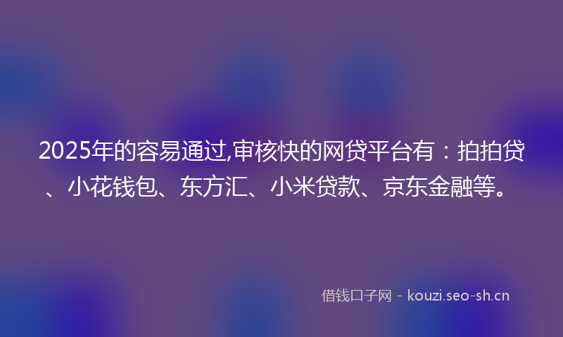 2025年的容易通过,审核快的网贷平台有：拍拍贷、小花钱包、东方汇、小米贷款、京东金融等。