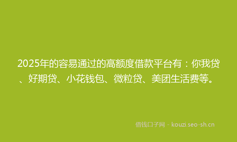2025年的容易通过的高额度借款平台有：你我贷、好期贷、小花钱包、微粒贷、美团生活费等。