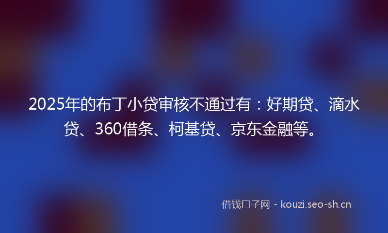 2025年的布丁小贷审核不通过有：好期贷、滴水贷、360借条、柯基贷、京东金融等。