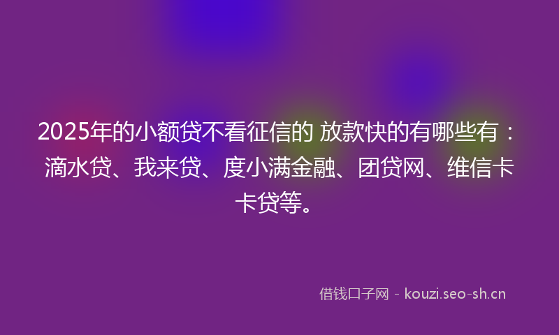 2025年的小额贷不看征信的 放款快的有哪些有：滴水贷、我来贷、度小满金融、团贷网、维信卡卡贷等。