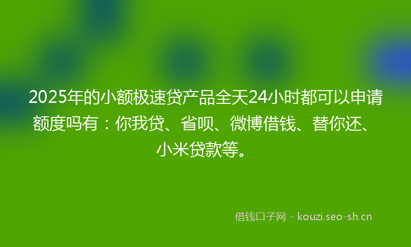 2025年的小额极速贷产品全天24小时都可以申请额度吗有：你我贷、省呗、微博借钱、替你还、小米贷款等。