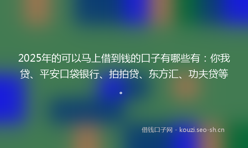 2025年的可以马上借到钱的口子有哪些有：你我贷、平安口袋银行、拍拍贷、东方汇、功夫贷等。