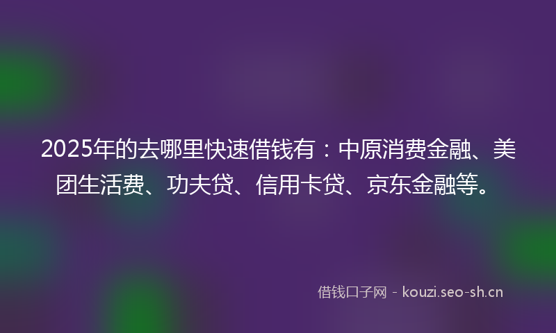 2025年的去哪里快速借钱有：中原消费金融、美团生活费、功夫贷、信用卡贷、京东金融等。