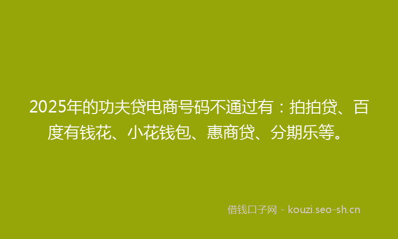 2025年的功夫贷电商号码不通过有:拍拍贷、百度有钱花、小花钱包、惠商贷、分期乐等。