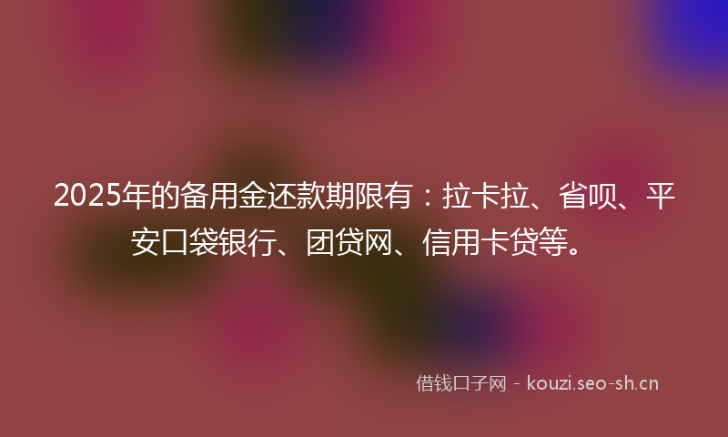 2025年的备用金还款期限有：拉卡拉、省呗、平安口袋银行、团贷网、信用卡贷等。