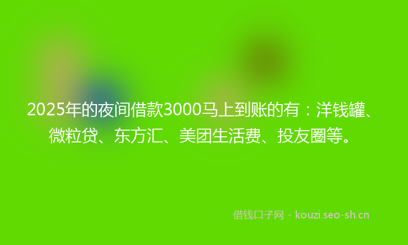 2025年的夜间借款3000马上到账的有：洋钱罐、微粒贷、东方汇、美团生活费、投友圈等。