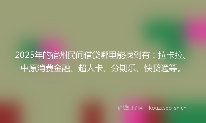 2025年的宿州民间借贷哪里能找到有：拉卡拉、中原消费金融、超人卡、分期乐、快贷通等。