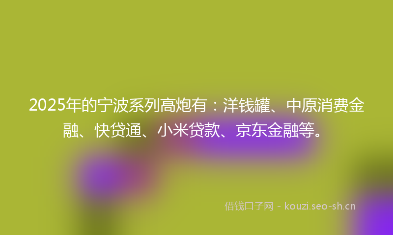 2025年的宁波系列高炮有：洋钱罐、中原消费金融、快贷通、小米贷款、京东金融等。