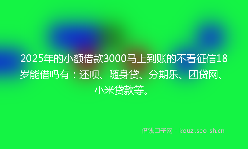 2025年的小额借款3000马上到账的不看征信18岁能借吗有：还呗、随身贷、分期乐、团贷网、小米贷款等。