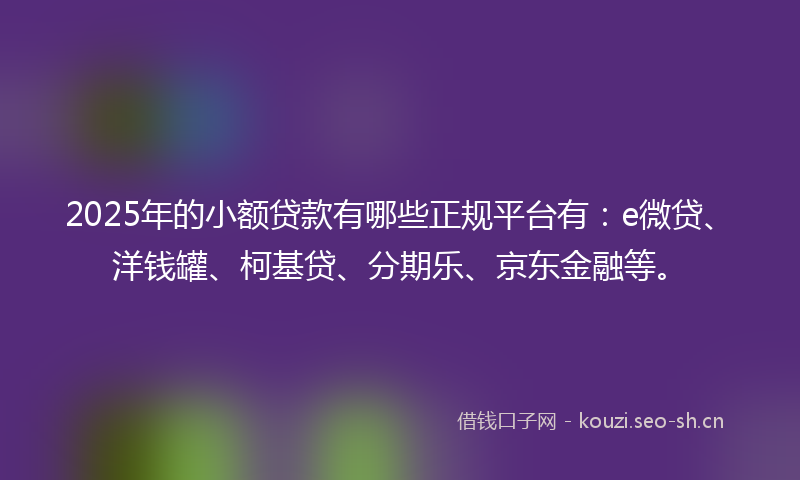 2025年的小额贷款有哪些正规平台有：e微贷、洋钱罐、柯基贷、分期乐、京东金融等。