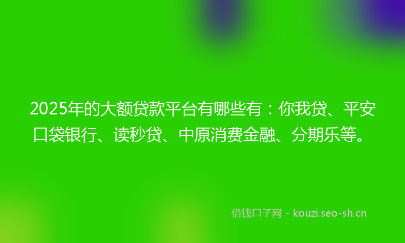 2025年的大额贷款平台有哪些有：你我贷、平安口袋银行、读秒贷、中原消费金融、分期乐等。