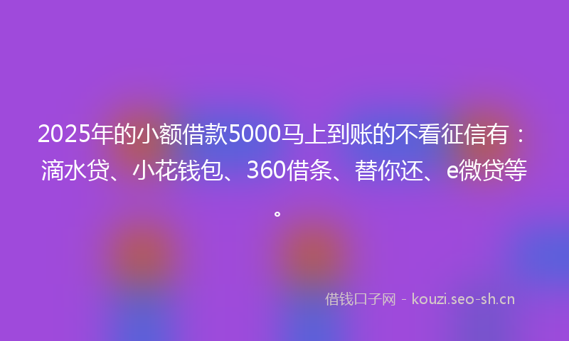 2025年的小额借款5000马上到账的不看征信有：滴水贷、小花钱包、360借条、替你还、e微贷等。