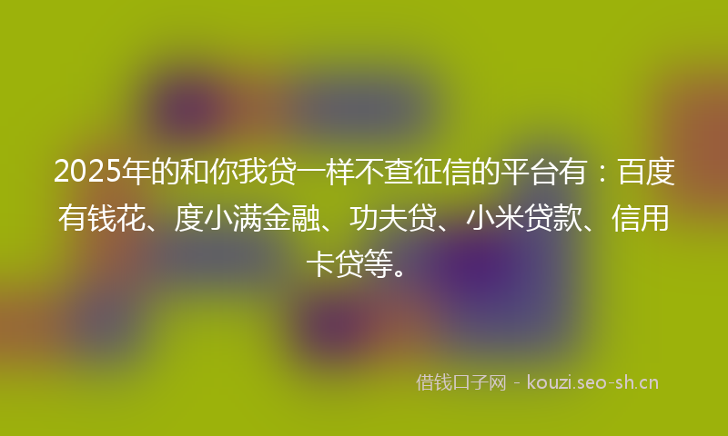 2025年的和你我贷一样不查征信的平台有：百度有钱花、度小满金融、功夫贷、小米贷款、信用卡贷等。