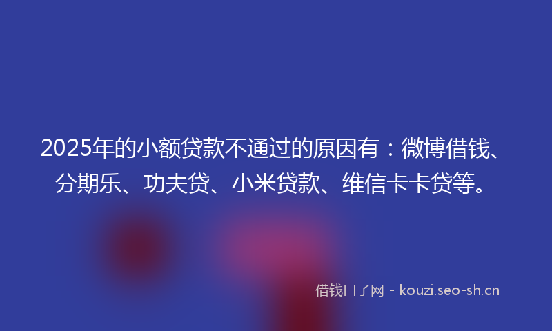 2025年的小额贷款不通过的原因有：微博借钱、分期乐、功夫贷、小米贷款、维信卡卡贷等。