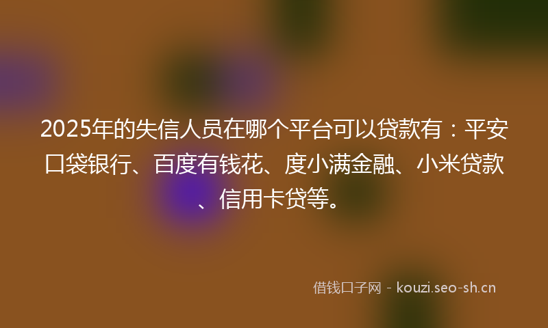 2025年的失信人员在哪个平台可以贷款有：平安口袋银行、百度有钱花、度小满金融、小米贷款、信用卡贷等。