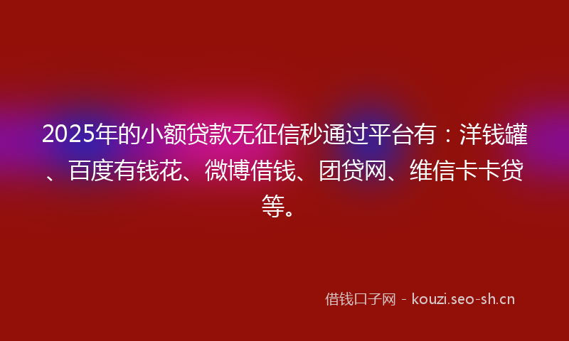 2025年的小额贷款无征信秒通过平台有：洋钱罐、百度有钱花、微博借钱、团贷网、维信卡卡贷等。