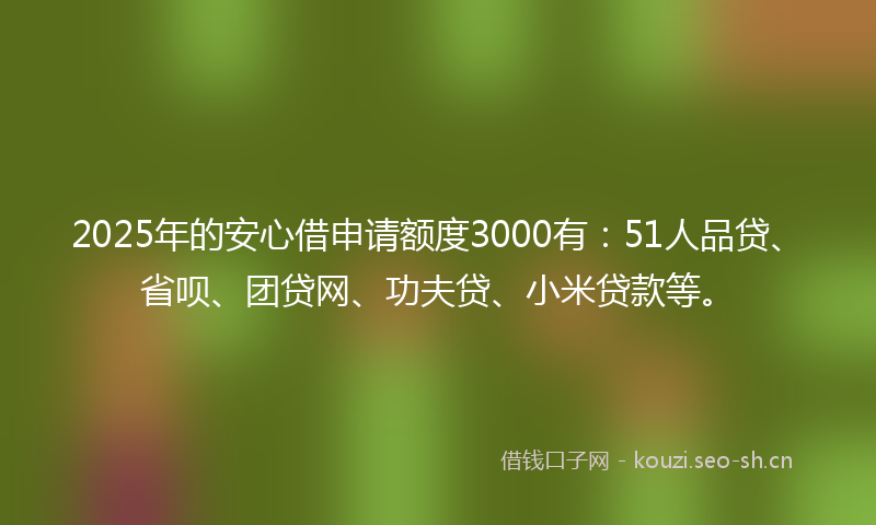 2025年的安心借申请额度3000有：51人品贷、省呗、团贷网、功夫贷、小米贷款等。