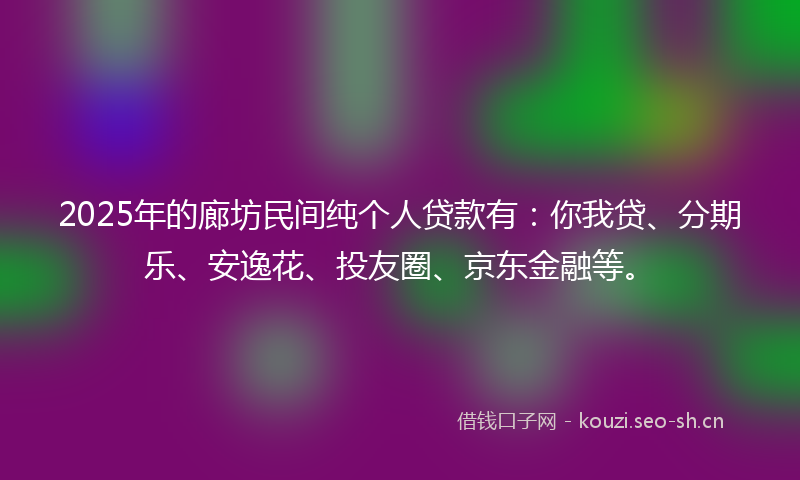 2025年的廊坊民间纯个人贷款有：你我贷、分期乐、安逸花、投友圈、京东金融等。