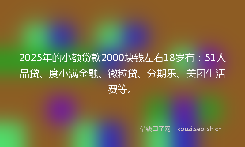 2025年的小额贷款2000块钱左右18岁有：51人品贷、度小满金融、微粒贷、分期乐、美团生活费等。