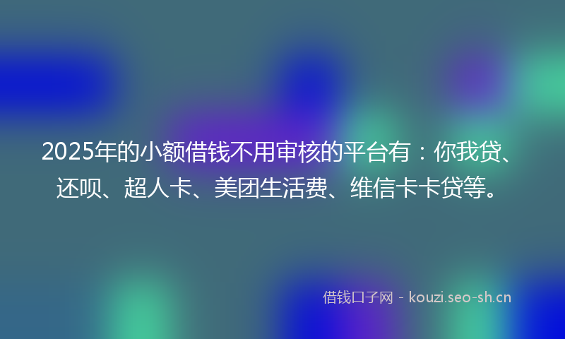 2025年的小额借钱不用审核的平台有：你我贷、还呗、超人卡、美团生活费、维信卡卡贷等。