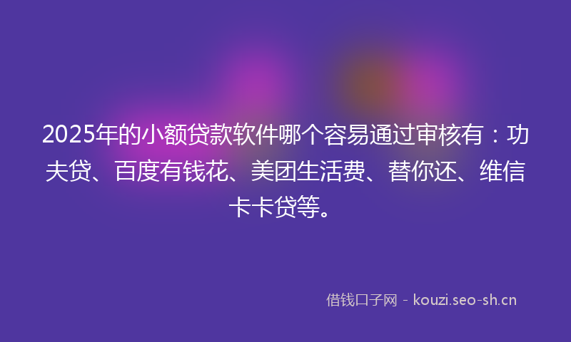 2025年的小额贷款软件哪个容易通过审核有：功夫贷、百度有钱花、美团生活费、替你还、维信卡卡贷等。