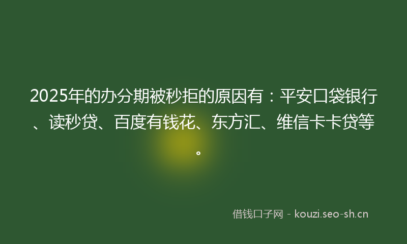 2025年的办分期被秒拒的原因有：平安口袋银行、读秒贷、百度有钱花、东方汇、维信卡卡贷等。