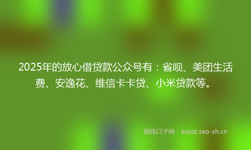 2025年的放心借贷款公众号有：省呗、美团生活费、安逸花、维信卡卡贷、小米贷款等。