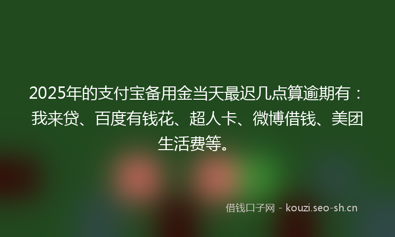 2025年的支付宝备用金当天最迟几点算逾期有：我来贷、百度有钱花、超人卡、微博借钱、美团生活费等。