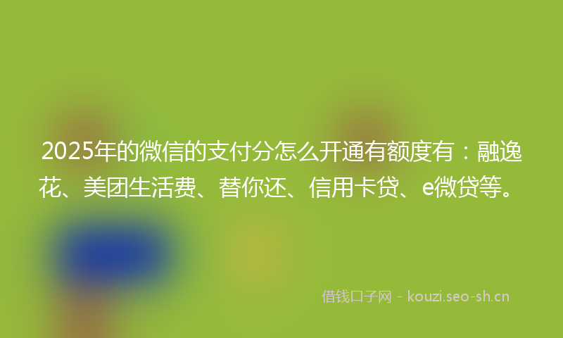 2025年的微信的支付分怎么开通有额度有：融逸花、美团生活费、替你还、信用卡贷、e微贷等。