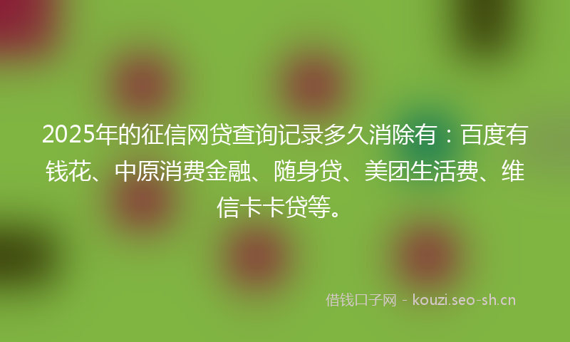 2025年的征信网贷查询记录多久消除有：百度有钱花、中原消费金融、随身贷、美团生活费、维信卡卡贷等。