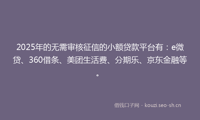 2025年的无需审核征信的小额贷款平台有：e微贷、360借条、美团生活费、分期乐、京东金融等。