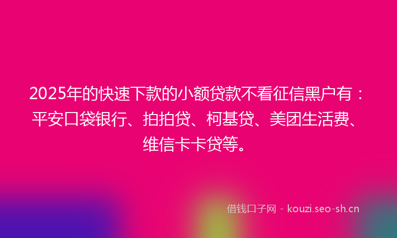 2025年的快速下款的小额贷款不看征信黑户有：平安口袋银行、拍拍贷、柯基贷、美团生活费、维信卡卡贷等。