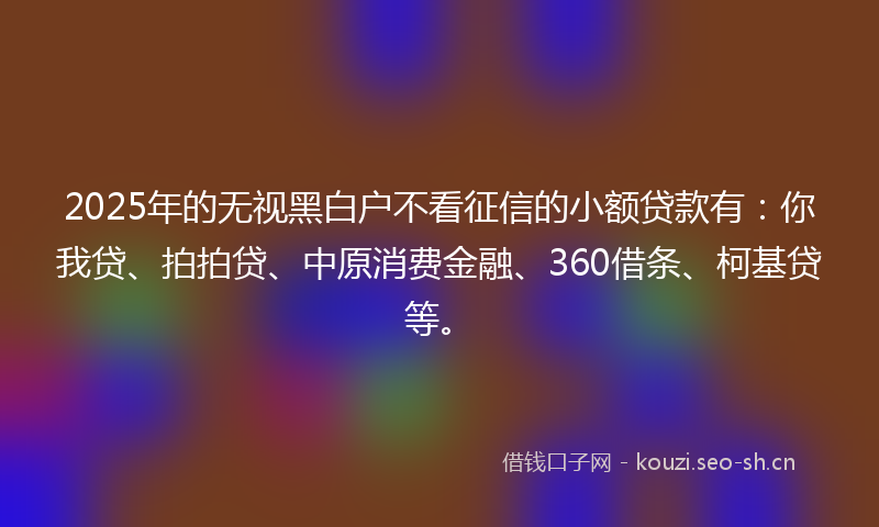 2025年的无视黑白户不看征信的小额贷款有：你我贷、拍拍贷、中原消费金融、360借条、柯基贷等。