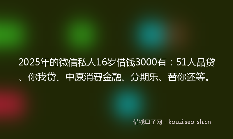 2025年的微信私人16岁借钱3000有：51人品贷、你我贷、中原消费金融、分期乐、替你还等。