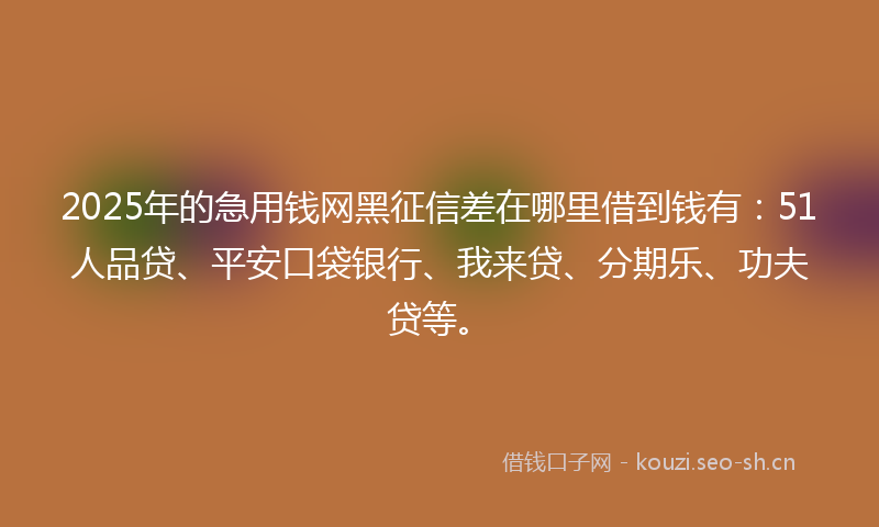 2025年的急用钱网黑征信差在哪里借到钱有：51人品贷、平安口袋银行、我来贷、分期乐、功夫贷等。