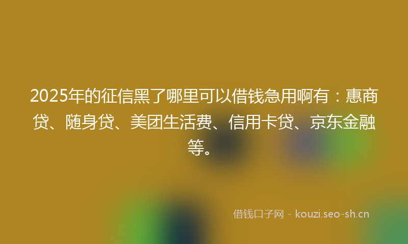 2025年的征信黑了哪里可以借钱急用啊有：惠商贷、随身贷、美团生活费、信用卡贷、京东金融等。