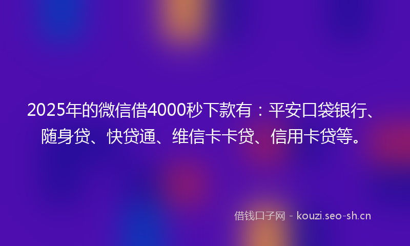 2025年的微信借4000秒下款有:平安口袋银行、随身贷、快贷通、维信卡卡贷、信用卡贷等。
