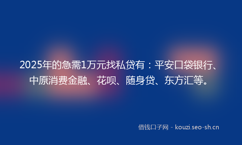 2025年的急需1万元找私贷有：平安口袋银行、中原消费金融、花呗、随身贷、东方汇等。