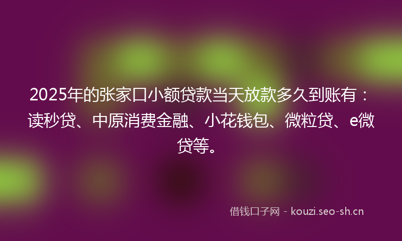 2025年的张家口小额贷款当天放款多久到账有：读秒贷、中原消费金融、小花钱包、微粒贷、e微贷等。