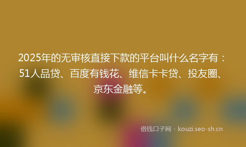 2025年的无审核直接下款的平台叫什么名字有：51人品贷、百度有钱花、维信卡卡贷、投友圈、京东金融等。