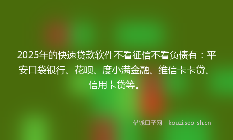 2025年的快速贷款软件不看征信不看负债有：平安口袋银行、花呗、度小满金融、维信卡卡贷、信用卡贷等。