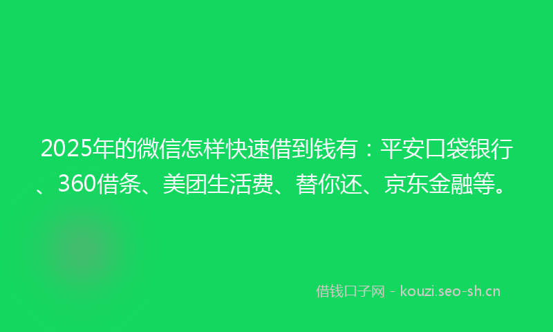 2025年的微信怎样快速借到钱有：平安口袋银行、360借条、美团生活费、替你还、京东金融等。