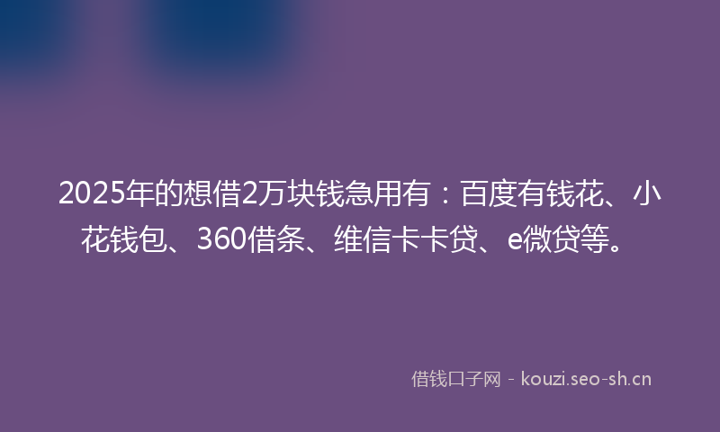 2025年的想借2万块钱急用有：百度有钱花、小花钱包、360借条、维信卡卡贷、e微贷等。