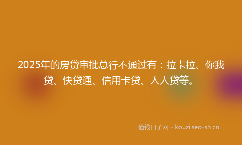 2025年的房贷审批总行不通过有:拉卡拉、你我贷、快贷通、信用卡贷、人人贷等。