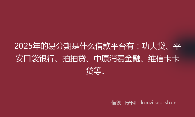 2025年的易分期是什么借款平台有：功夫贷、平安口袋银行、拍拍贷、中原消费金融、维信卡卡贷等。