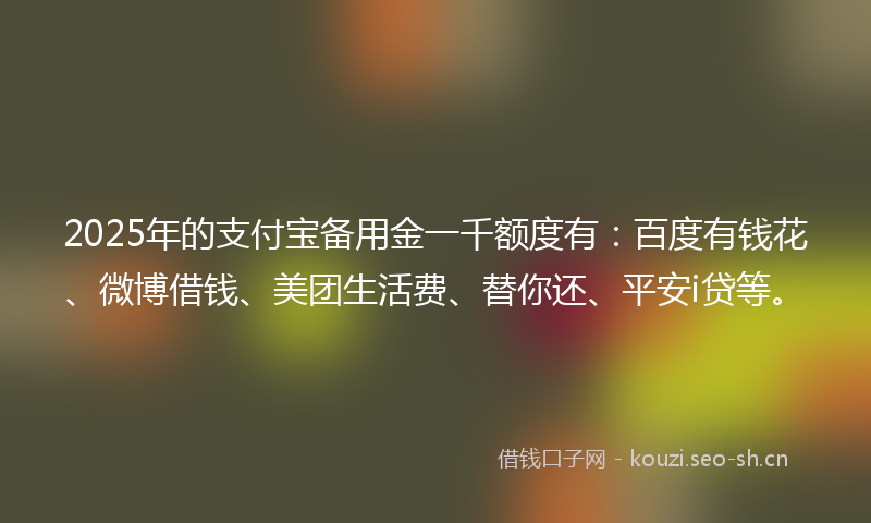 2025年的支付宝备用金一千额度有：百度有钱花、微博借钱、美团生活费、替你还、平安i贷等。